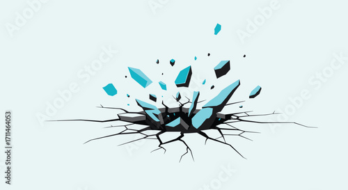 Explosion effect with light blue shards breaking the ground.