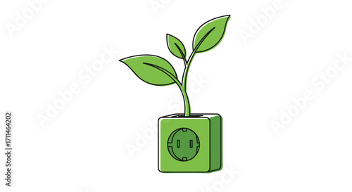 A green plant growing out of a square electrical outlet illustrating sustainable energy.