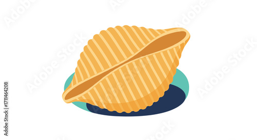 A close-up shot of a single large pasta shell sitting on a dark blue plate.