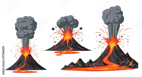 Three erupting volcanoes with flowing lava and ash clouds. 
