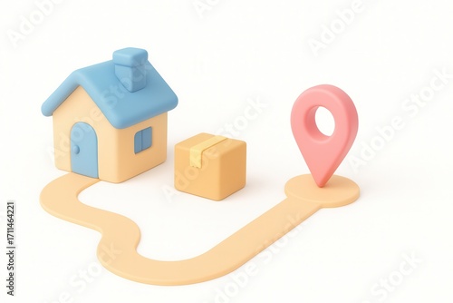 3D delivery concept illustration showing house, package and location pin symbolizing online shopping, home shipping and logistics service in pastel colors.