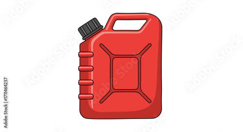 A red portable fuel container with a black cap for carrying gasoline.