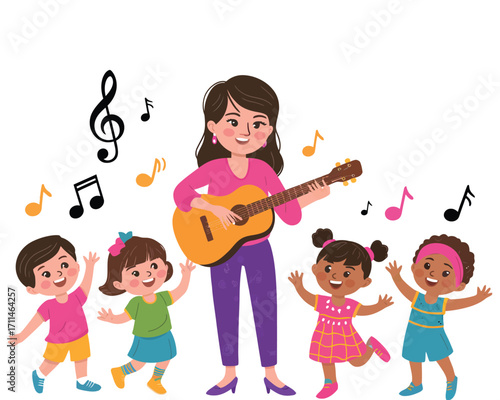 A cheerful female music teacher plays guitar for a group of diverse young children, fostering early music education and joy through song and dance in a vibrant classroom setting