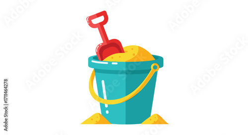 Childrens beach toys a bucket shovel and sand for outdoor fun.