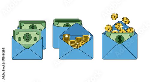 Money envelopes filled with cash and coins for financial services.