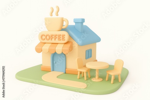 3D cute coffee shop illustration with outdoor tables and chairs, representing cafe,ss small businesses and hospitality in a pastel cartoon style.