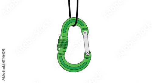 A simple green carabiner hanging from a thin black cord.