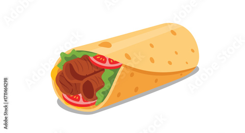 A delicious meat and vegetable wrap on a white background.