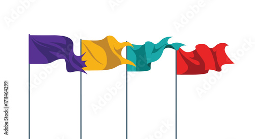 Colorful flags waving in the wind against a white background.