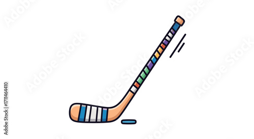 A colorful hockey stick and puck on a white background.