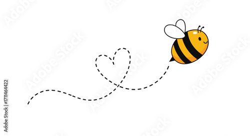 Adorable cartoon bee flying leaving a dashed heart shape.