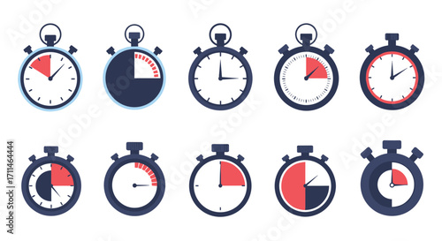 Collection of ten pixel art stopwatch icons showing different time intervals.