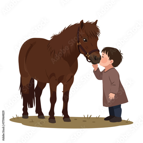 A tender illustration depicts a young child affectionately kissing a brown pony, showcasing a bond of friendship and love in a heartwarming scene.