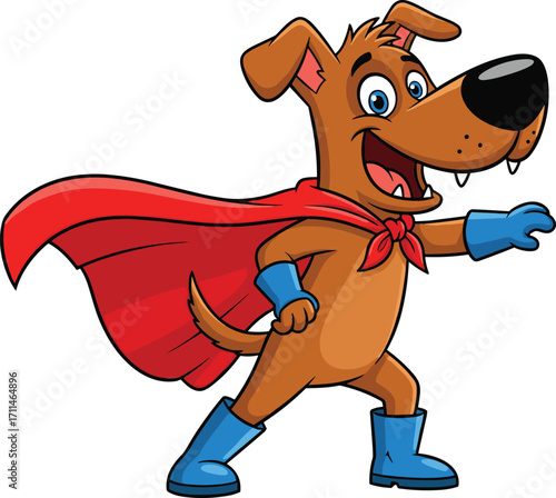 Cartoon superhero dog, red cape and gloves, cheerful expression, confident pose, isolated white background, vector illustration, playful animal character design