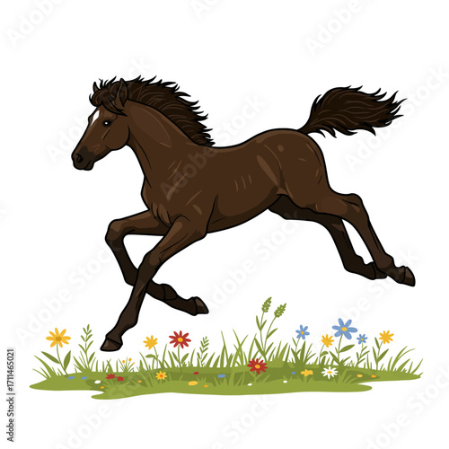 A playful brown cartoon foal joyfully gallops over a vibrant patch of green grass adorned with colorful wildflowers, depicted in a whimsical illustration style.