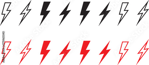 lightning bolt, electricity, power, energy, symbol, icon, flash, strike, storm, danger, speed, charge, black, red, white background, isolated, graphic, design, vector, abstract, sharp, jagged, electri