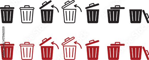 trash can, bin, garbage, waste, disposal, recycle, container, icon, symbol, animation, sequence, opening, lid, closed, open, black, red, white background, isolated, graphic, design, vector, clean up, 