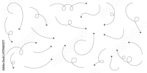 Set of black dotted arrows in doodle style. Broken arrows in the form of a loop. Flow direction. Pointers to the wire, up, down. Curved line. Symbolizing direction, navigation, progress, movement.ES10