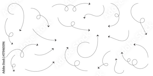 Set of black dotted arrows in doodle style. Broken arrows in the form of a loop. Flow direction. Pointers to the wire, up, down. Curved line. Symbolizing direction, navigation, progress, movement.ES10
