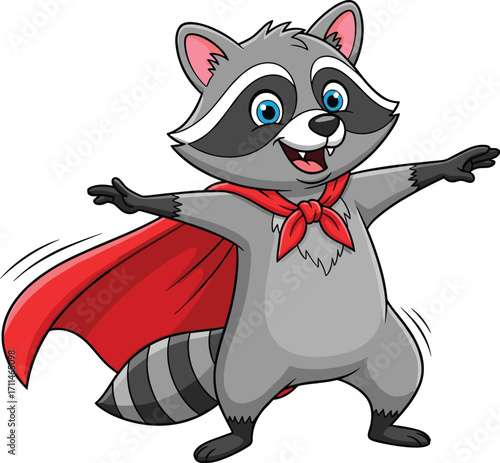Cartoon superhero raccoon with red cape, cheerful expression, blue eyes, striped tail, playful animal character, kids illustration, imaginative hero concept