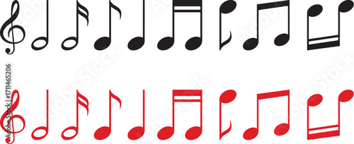 music, notes, symbol, icon, audio, sound, melody, rhythm, treble clef, eighth note, sixteenth note, quarter note, half note, whole note, black, red, white, graphic, illustration, vector, isolated, whi