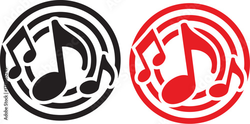 music, notes, symbol, icon, audio, sound, melody, rhythm, treble clef, eighth note, sixteenth note, quarter note, half note, whole note, black, red, white, circle, concentric circles, design, graphic,