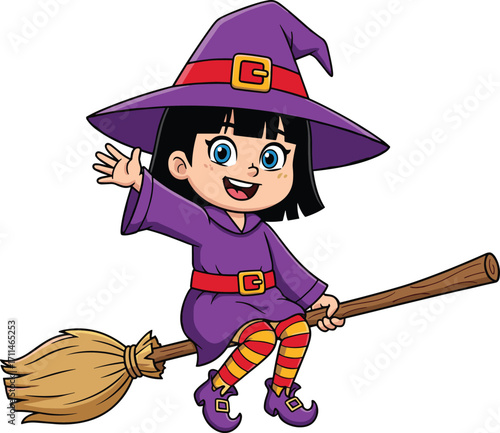 Cartoon witch girl flying, Halloween costume, smiling child, broomstick ride, festive character, isolated white background, magical vector illustration, playful spooky theme