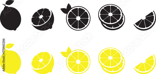lemon, fruit, citrus, slice, whole, icon, symbol, graphic, design, black, yellow, silhouette, isolated, white, background, food, drink, fresh, healthy, vitamin c, juicy, natural, ingredient, cut, segm