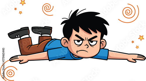 Frustrated cartoon child, lying flat, emotional pose, expressive face, resistance concept, isolated white background, playful vector illustration, dynamic children’s character