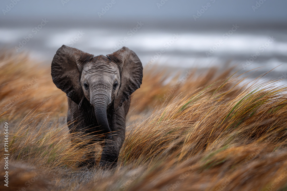 Naklejka premium Young elephant frolics through tall grass by the ocean shoreline