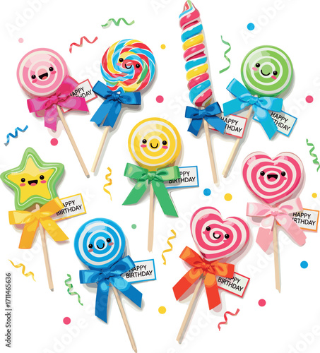 Colorful and fun lollipops arranged in a circular pattern with confetti