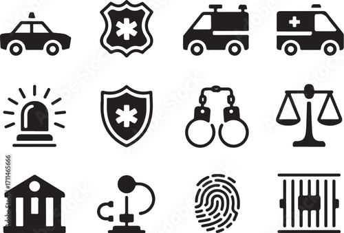 Justice and emergency service icons for legal aid