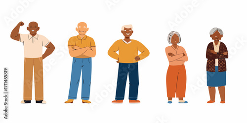 Diverse group of smiling elderly men and women standing together with arms crossed and one man flexing his bicep