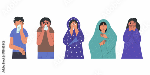 Diverse group of people experiencing various symptoms of illness including sneezing crying and feeling cold