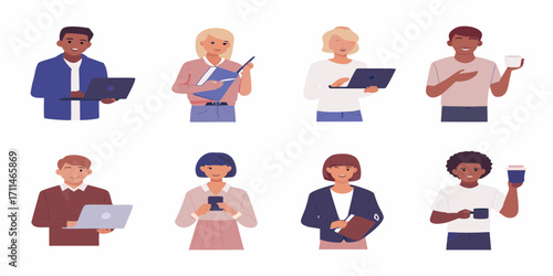 Diverse group of people working and enjoying coffee breaks with laptops and phones