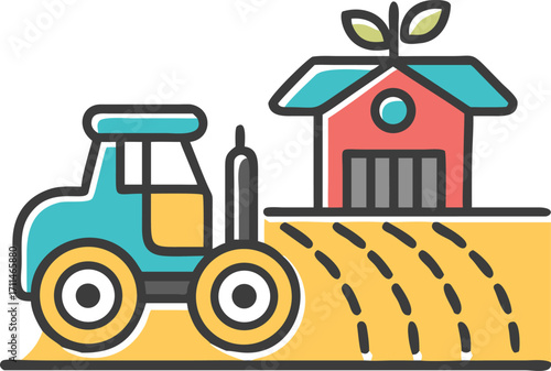Simple line illustration of a tractor and farmhouse, symbolizing rural agriculture.
