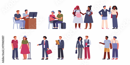 Diverse group of people in various social and professional settings depicted in a flat design style