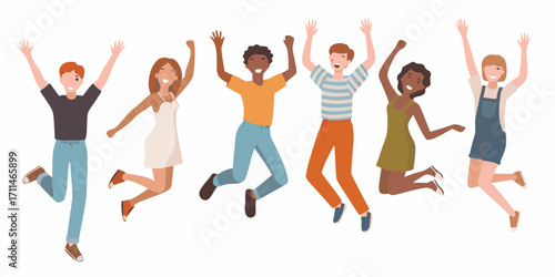 Diverse group of young people jumping and celebrating together with arms raised in the air