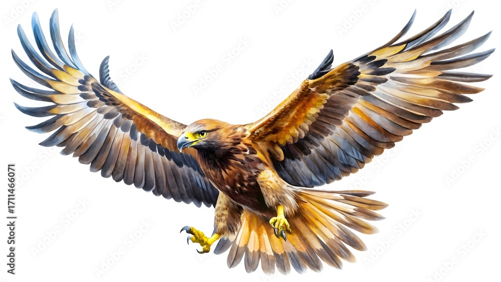 Obraz premium Watercolor illustration of a golden eagle in flight isolated on white background, wings spread wide