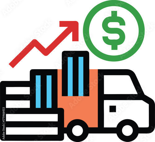 A truck filled with stacks of money, prominently featuring a large dollar sign on its side.