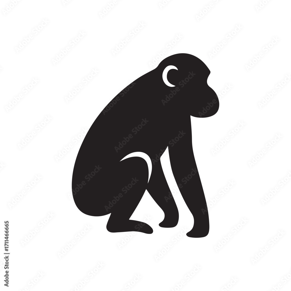 Fototapeta premium Black silhouette of a monkey sitting down isolated on white background