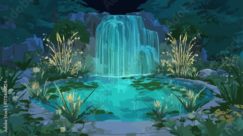 Night waterfall pond scene