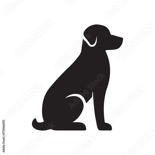 Black silhouette of a dog sitting patiently isolated on white background