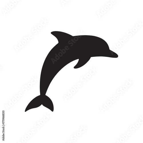 Black silhouette of a dolphin jumping isolated on white background