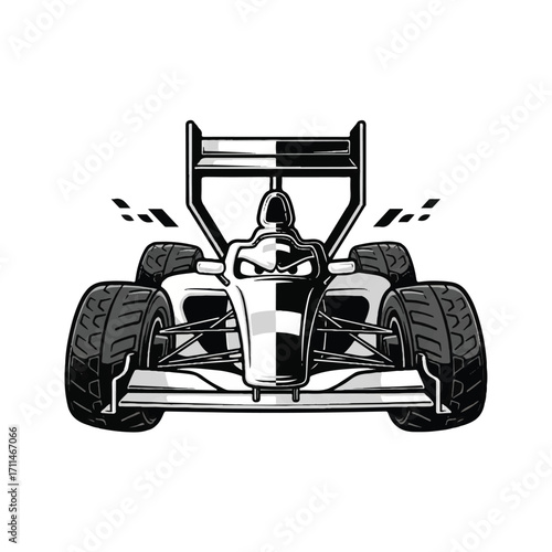 Monochrome illustration of a racing car, front view, with checkered flag design.