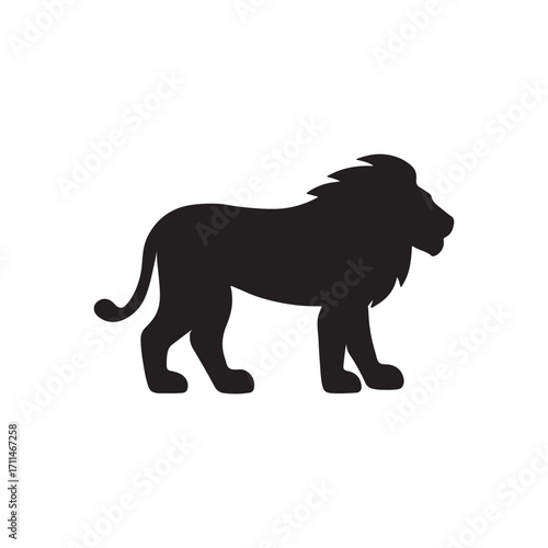 Black silhouette of a majestic lion standing isolated on white background
