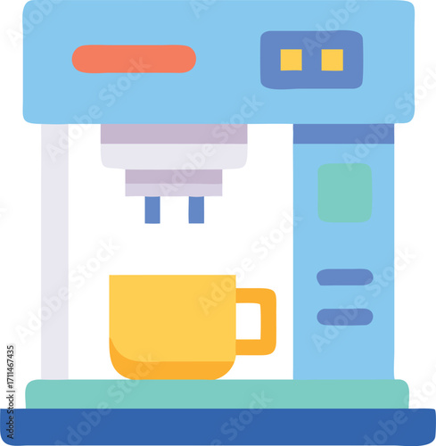 Flat icon of a blue coffee machine with a yellow cup coffee maker kitchen appliance