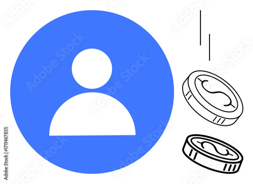 Blue user profile icon alongside falling coins. Ideal for finance, ecommerce, business, savings, investment, crowdfunding, digital profile themes. Simple flat metaphor