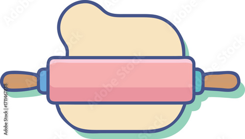 Flat vector icon of a pink rolling pin flattening dough on a board baking cooking