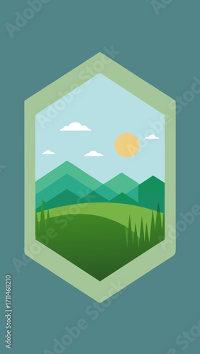 Paper Cut Meadow Framed in Abstract Hexagon